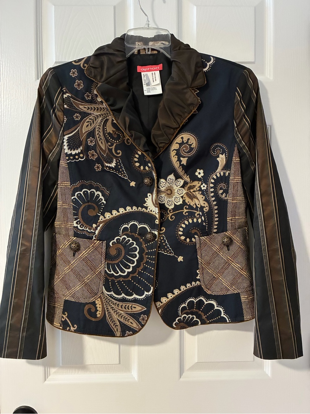 Apriori Black & Brown Paisley Ruffle-Trim Blazer